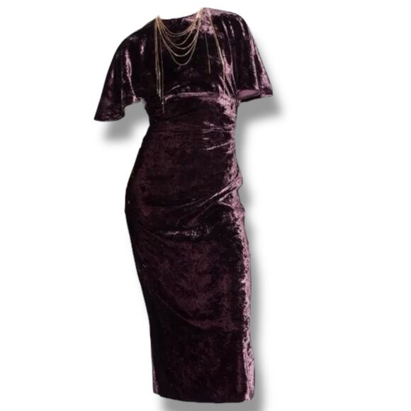 ZARA Burgundy Velvet Midi Dress Flutter Sleeve Holiday Cocktail Size S - Picture 3 of 13